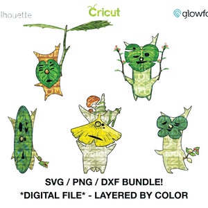 May include: Five digital cut files of whimsical green, yellow, and brown cartoon characters with leaf-like faces. The characters are layered by color and are ready to be cut with a Cricut or Glowforge.