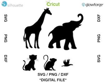 Animal Silhouettes - Giraffe - Elephant - Monkey - Tiger - Bird  SVG - PNG - DXF Cut files for Cricut - Print & Cut - Silhouette - Glowforge
