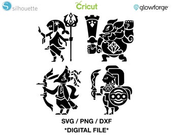 May include: Black and white silhouette digital cut files of four characters from a video game. The characters are a warrior, a mage, a archer, and a knight. The file format is SVG, PNG, and DXF.  *DIGITAL FILE*