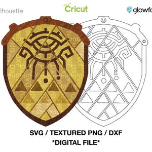 Op de afbeelding: Een digitale download van een schild met een textuur in goud en bruin. Het schild heeft een gestileerd oog met een geometrisch patroon en een reeks driehoeken. De afbeelding bevat de tekst "SVG/TEXTURED PNG/DXF *DIGITAL FILE*"