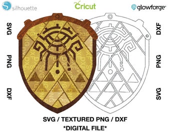 May include: A digital download of a shield with a textured gold and brown design. The shield features a stylised eye with a geometric pattern and a series of triangles. The image includes the text "SVG/TEXTURED PNG/DXF *DIGITAL FILE*"