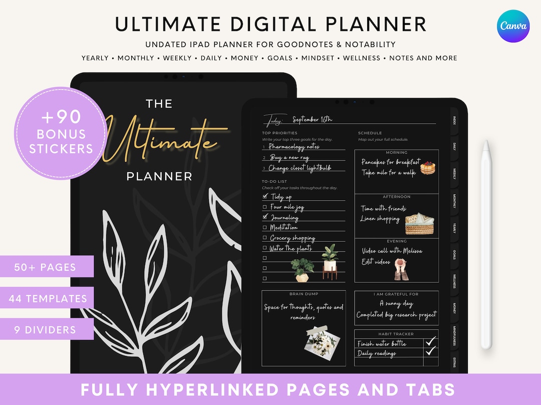 Undated Digital Planner Dark Mode Digital Planner ADHD Digital Planner ...