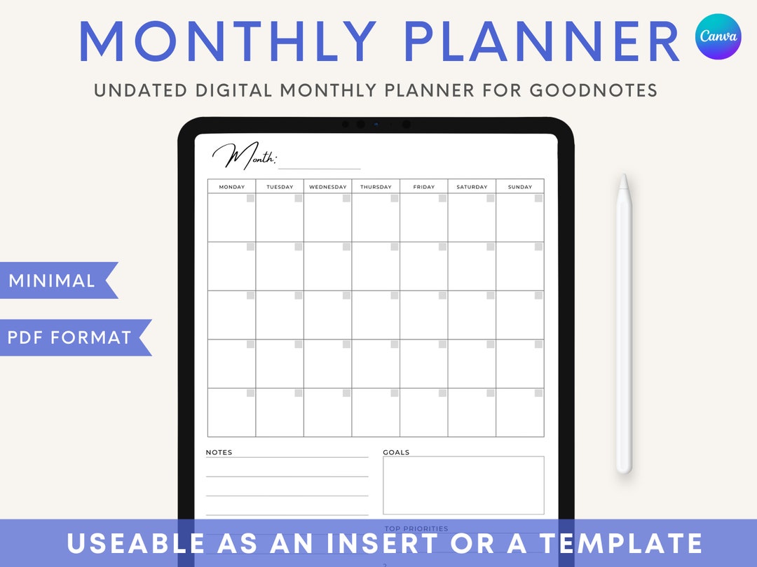 Monthly Planner Goodnotes Template Undated Monthly Planner Digital