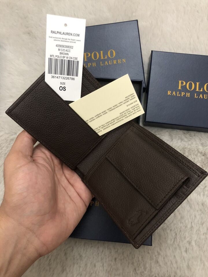 Polo Ralph Lauren Wallet Leather Metal Logo Stylish Men's Brown