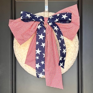 Lazo extragrande hecho a mano / Estrellas azules con cuadros rojos / Decoración para puerta / Cuatro de Julio / Patriótico