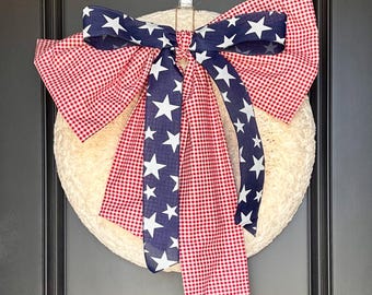 Handmade Oversized Bow | Blue Stars with Red Gingham | Door Decor | Fourth of July | Patriotic