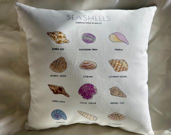 Coastal Seashell Pillow | Beach House Decor Pillow | Nautical Throw Pillow | Handmade Seashell Chart Accent Pillow | 12″ x 12″ – Gift