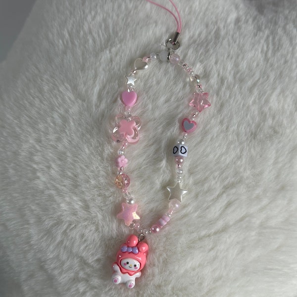 My melody phone charm | sanrio mobile phone chain | Cell Phone Strap | Beaded Custom Phone | Key | Bag Accessory