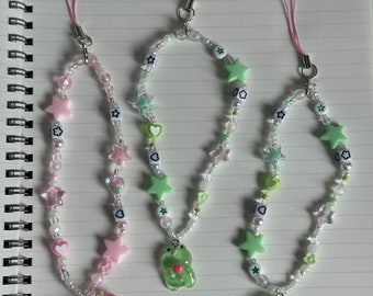 Pink phone charm | green mobile phone chain | Cell Phone Strap | Beaded Custom Phone | Peach | frog |Bag Accessory