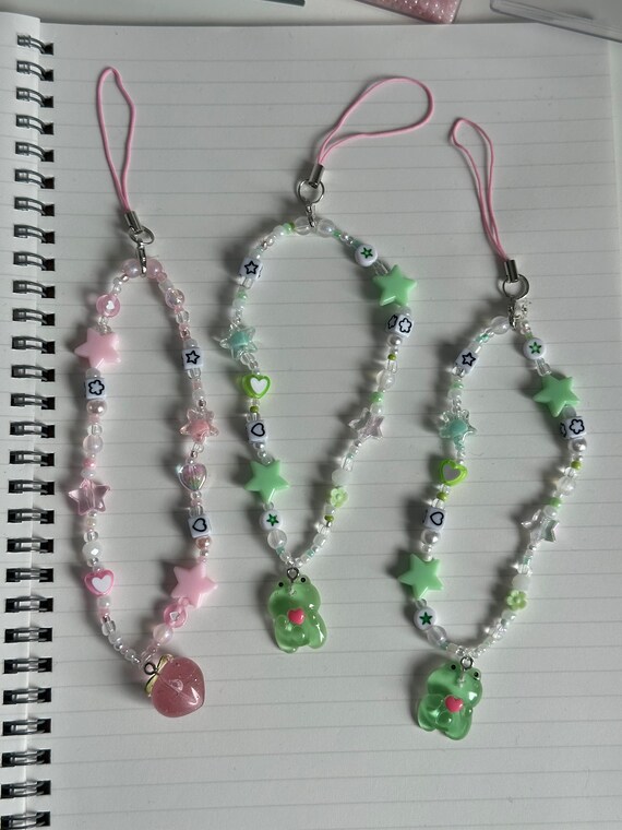 Pink phone charm | green mobile phone chain | Cell Phone Strap | Beaded Custom Phone | Peach | frog |Bag Accessory