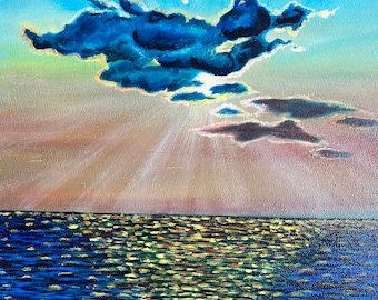 太陽 - エドヴァルド・ムンクの手描きの油絵の複製、太陽に覆われた空