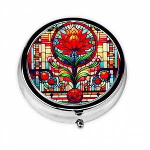 Chic Round Small Pill Box Organizer, Faux Stained Glass Flower Inspired Design, Travel Pill Box, Great As Gifts, Vintage Style Trinket