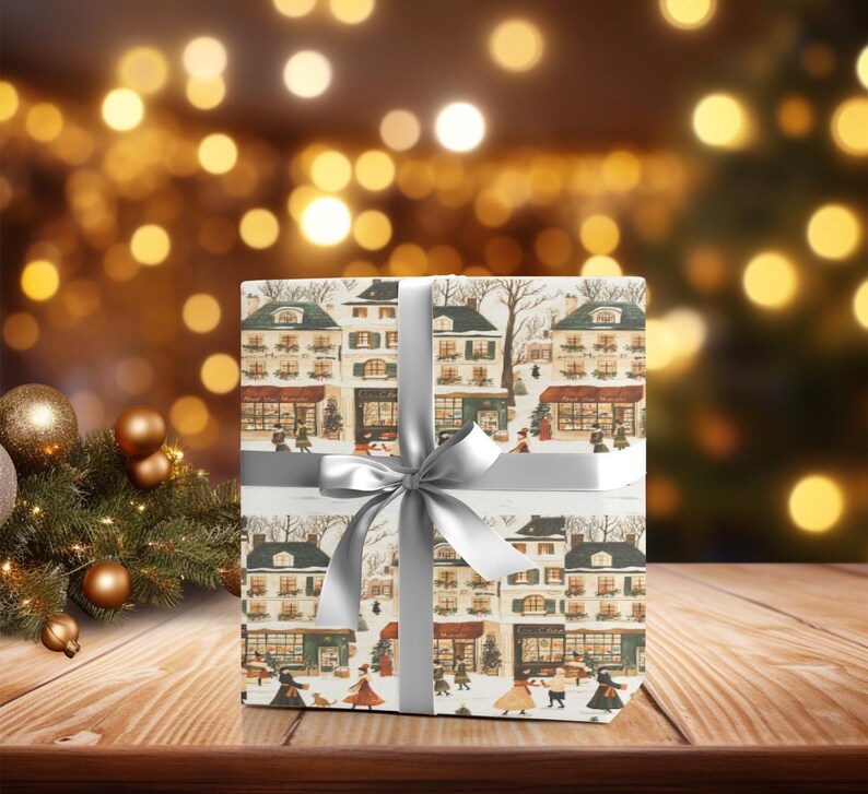a present wrapped in a white ribbon on a wooden table