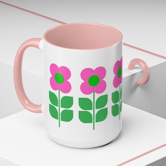 Accent Ceramic Coffee Mug, 11oz, 15oz, Floral Design Coffee Mug, Pink and Green Flowers Mug, Flower Pattern Mug, Cute Mug for Office