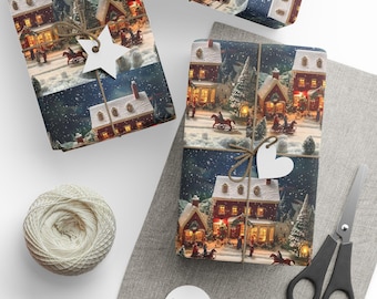Festliche frohe Weihnachten Design Geschenkpapier, Weihnachtsgeschenkverpackung, charmante Urlaubsszene, Weihnachtsdorf Dekor