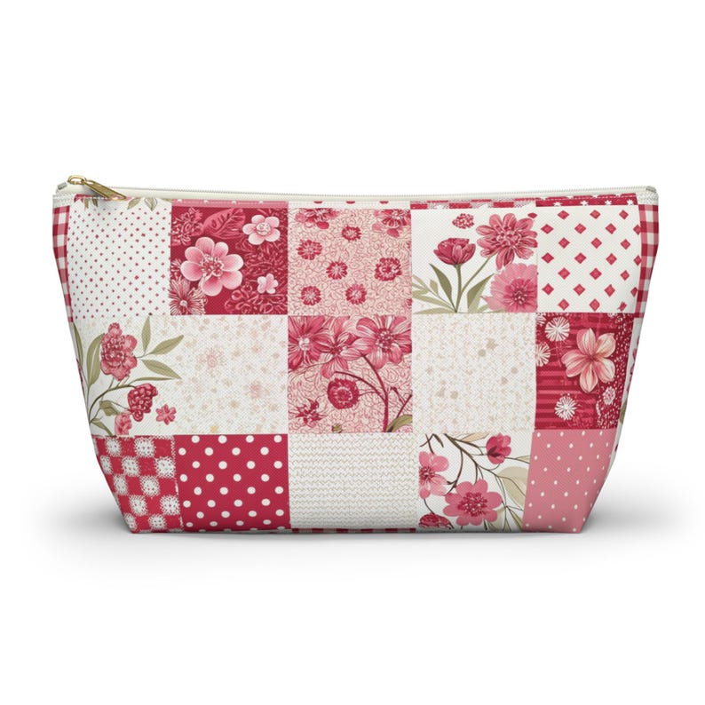 Patchwork Quilt Pattern Design Accessory Pouch with T-bottom, Makeup Bag, Pencil Bag, Travel Accessory Bag, Bridal Party Gift image 2