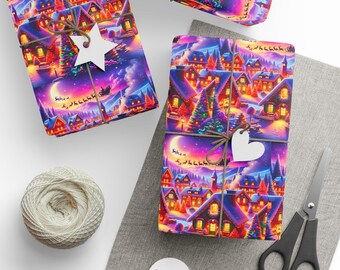Festive Merry Christmas Design Gift Wrapping Paper, Christmas Gift Wrapping, Colorful Holiday Village Scene, Santa Sleigh