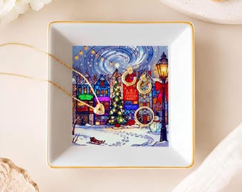 Christmas Village Gold Trim Jewelry Dish, Festive Winter Wonderland Ring Dish, Unique Trinket Tray, Holiday Room Decor, Stocking Stuffer