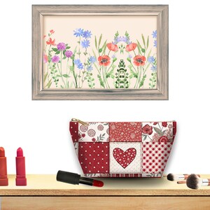 Floral Wall Art Print, Botanical Flower Illustration, Makeup Bag, Cosmetic Organizer, Red Lipstick, Beauty Accessories Decor