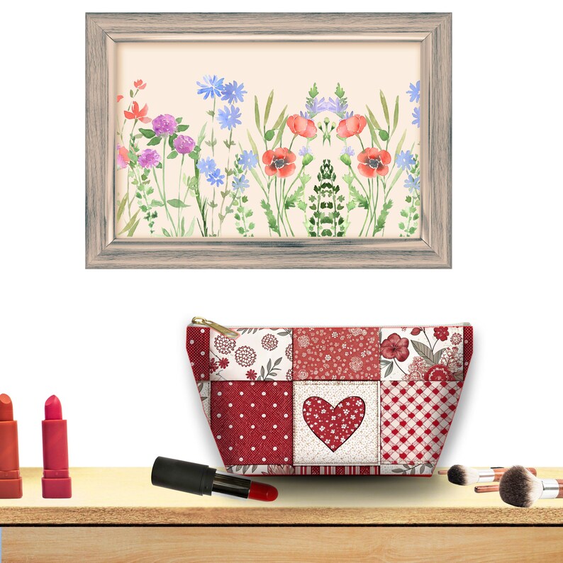 Floral Wall Art Print, Botanical Flower Illustration, Makeup Bag, Cosmetic Organizer, Red Lipstick, Beauty Accessories Decor