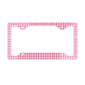 Pink Gingham Elegant Metal License Plate Frame, Checkered Car Accessory, Cute Glossy Auto Tag Frame, Custom Vehicle Decoration