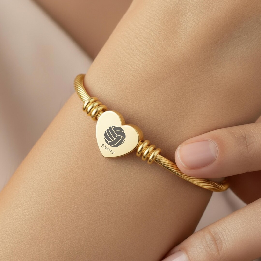 Elegant and Chic Heart Cuff Bracelet (engraving), Volleyball Charm
