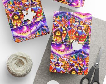 Festive Merry Christmas Design, Colorful Winter Village Pattern, Gift Wrapping Paper for Christmas