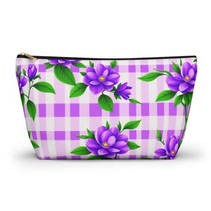 Purple Floral Plaid Gingham Pattern Accessory Pouch with T-bottom, Cosmetic Makeup Bag, Pencil Bag, Travel Bag, Bridal Party Gift