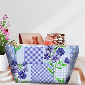 Floral makeup bag, cosmetic pouch, travel organizer, purple flower print bag, quilt pattern bag, zipper closure, gift for her, blue
