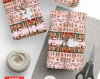 Festive Christmas in Paris Inspired Design, Xmas Wrapping Paper, Gift Wrapping Paper, Christmas Gift Wrapping, Fast Shipping