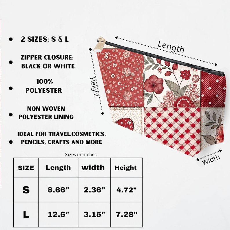 Floral Patchwork Cosmetic Bag, Travel Makeup Pouch, Quilted Zipper Bag, Small and Large Sizes, Perfect for Gift, Organizer Bag
