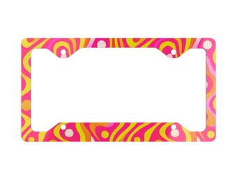 Unique Elegant Metal License Plate Frame With Glossy Finish, Groovy 70s Style Abstract Design, Car Decor Accessory, Vehicle Decor