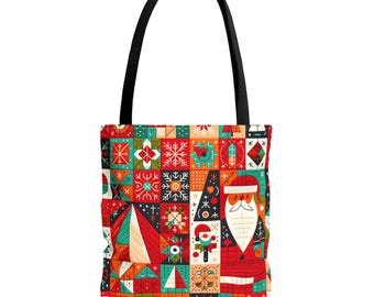 華やかなクリスマス パッチワーク キルト風デザイン、AOP トートバッグ