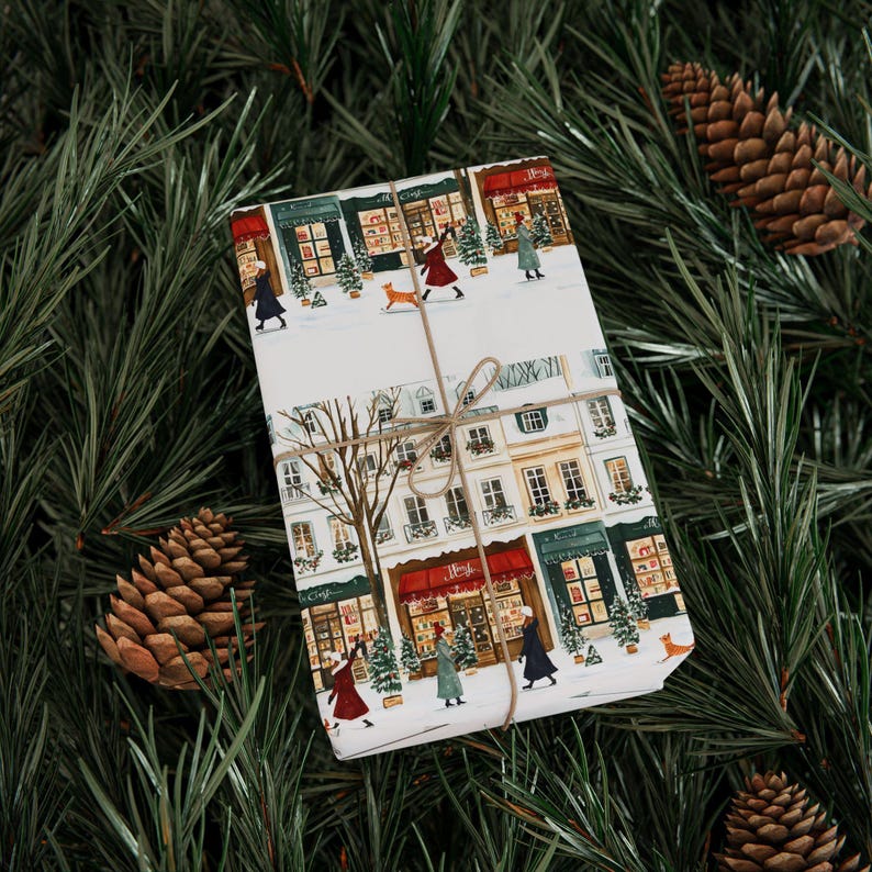 Décoration Paris en fête à Noël, Papier cadeau, Emballage cadeau des fêtes, Scène d'hiver française, Papier cadeau Noël image 3