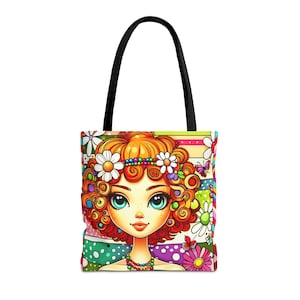 Sac cabas mignon fille rousse, cabas AOP, cabas de Noël, cabas de la rentrée scolaire, imprimé fille coloré, cabas design floral, cabas des fêtes