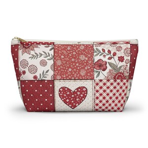 Patchwork Quilt Pattern Design Accessory Pouch with T-bottom, Makeup Bag, Pencil Bag, Travel Accessory Bag, Bridal Party Gift image 2