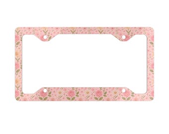 Pink Roses Elegant Metal License Plate Frame, Floral Car Accessories, Unique Glossy Finish, License Plate Frame Cover