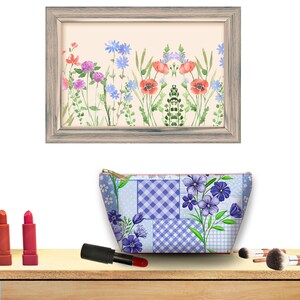 Floral Wall Art Print, Botanical Poster, Flower Field Canvas, Makeup Bag with Floral Design, Cosmetic Pouch, Lipstick Holder Set