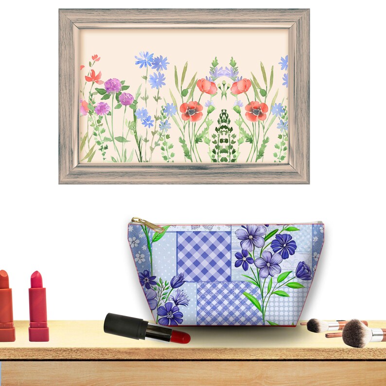 Floral Wall Art Print, Botanical Poster, Flower Field Canvas, Makeup Bag with Floral Design, Cosmetic Pouch, Lipstick Holder Set
