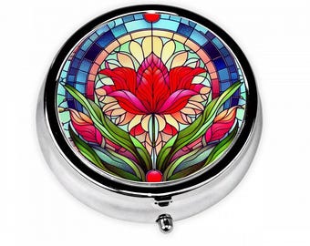 Chic Round Small Pill Box Organizer, Faux Stained Glass Flower Inspired Design, Pill Box Case, Travel Pill Box, Great As Gifts