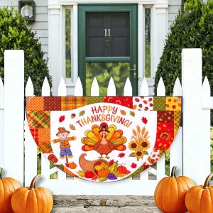 Halvrund flagga för glad Thanksgiving, dekoration för höstskördefest utomhus och inomhus, staket, picknickbord, festvivel för evenemangsmonter