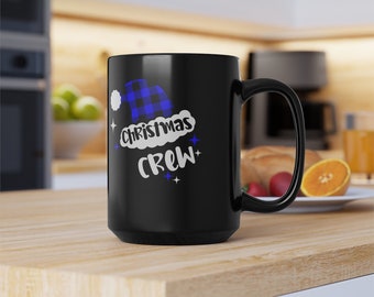 Équipage de Noël, Bonnet de Noel à carreaux bleu Design 2, Buveurs d'amateurs de café, Tasse de chocolat chaud, Tasse noire, 15 oz