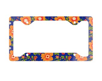 Einzigartiger eleganter Nummernschildrahmen aus Metall mit glänzender Oberfläche, elegantes Blumenmuster, schickes Fahrzeugdekor, orange Blumen, Autozubehör