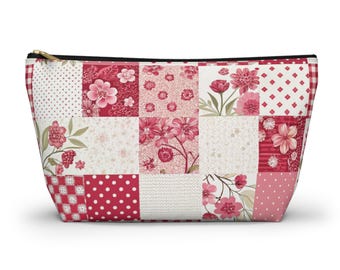 Patchwork Quilt Pattern Design Accessory Pouch with T-bottom, Makeup Bag, Pencil Bag, Travel Accessory Bag, Bridal Party Gift