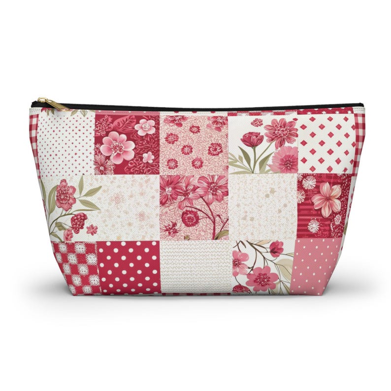 Patchwork Quilt Pattern Design Accessory Pouch with T-bottom, Makeup Bag, Pencil Bag, Travel Accessory Bag, Bridal Party Gift image 1