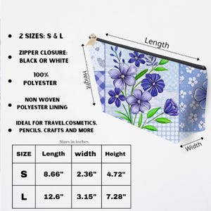 Floral travel makeup bag, purple flower pouch with zipper, small and large cosmetic organizer, pencil case, craft storage