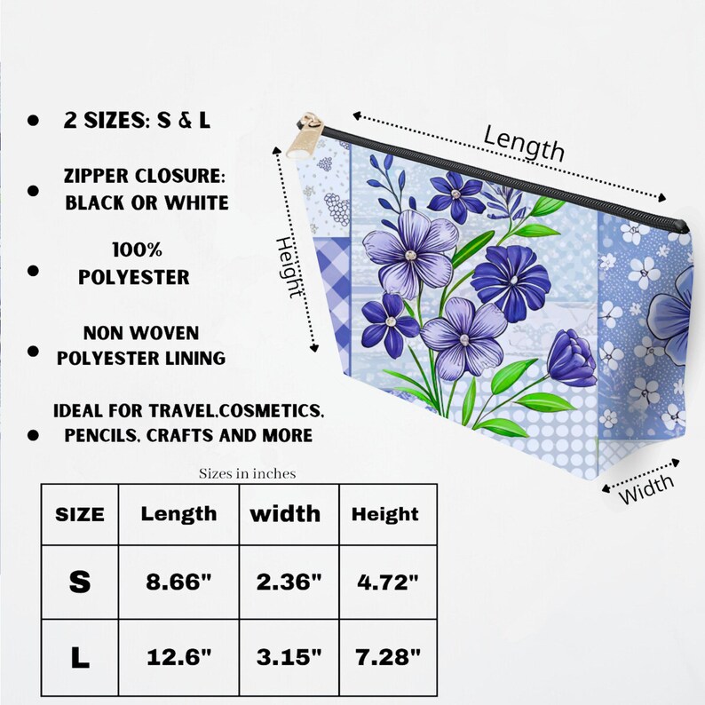 Floral travel makeup bag, purple flower pouch with zipper, small and large cosmetic organizer, pencil case, craft storage