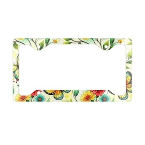 Elegant Floral Butterfly Metal License Plate Frame, Unique Car Accessories, Glossy Finish, Chic Vehicle Decor, Faux Stained Glass, Auto Gift
