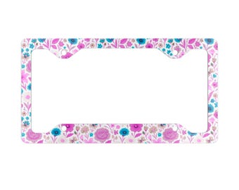 Floral Metal License Plate Frame, Elegant Car Accessory, Unique Pink Blue Flowers License Plate Frame with Glossy Finish, Chic Vehicle Decor