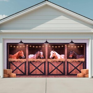 May include: A garage door mural depicting four horses in individual stalls. Each stall has a wooden door with an X-shaped design, filled with hay, and lit by overhead lights. The horses vary in color, from brown to spotted.